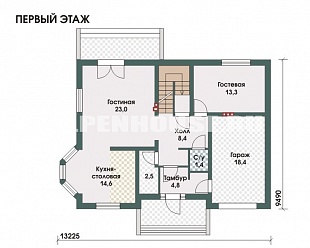 Проект дома с мансардой и гаражом № 103/4. План первого этажа.