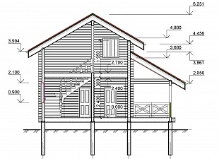 Проект двухэтажного брусчатого дома с баней № 92/36. Разрез 1.